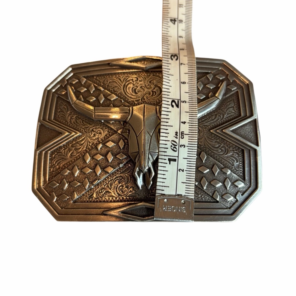 BLACK GENUINE LEATHER WESTERN BELT W/ LONGHORN BUCKLE SZ 44 - Picture 2 of 8